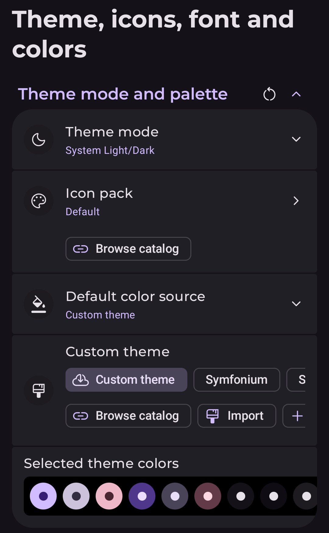 Theme, icons, font and colors screen with the custom theme import action