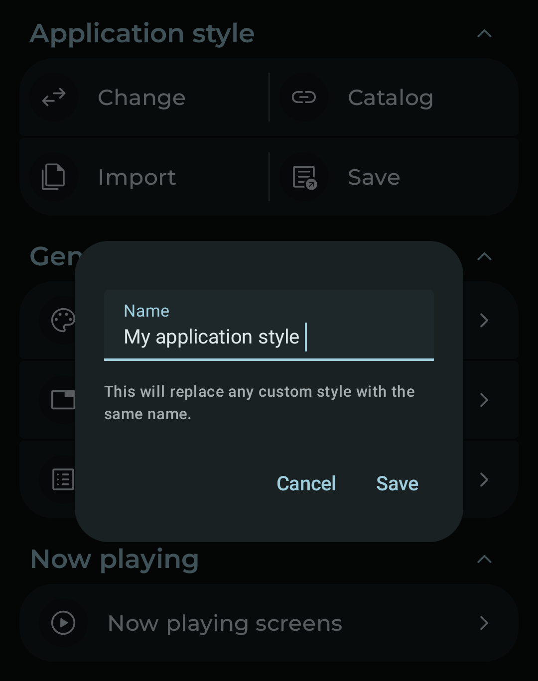 Interface settings screen with the Application style save dialog