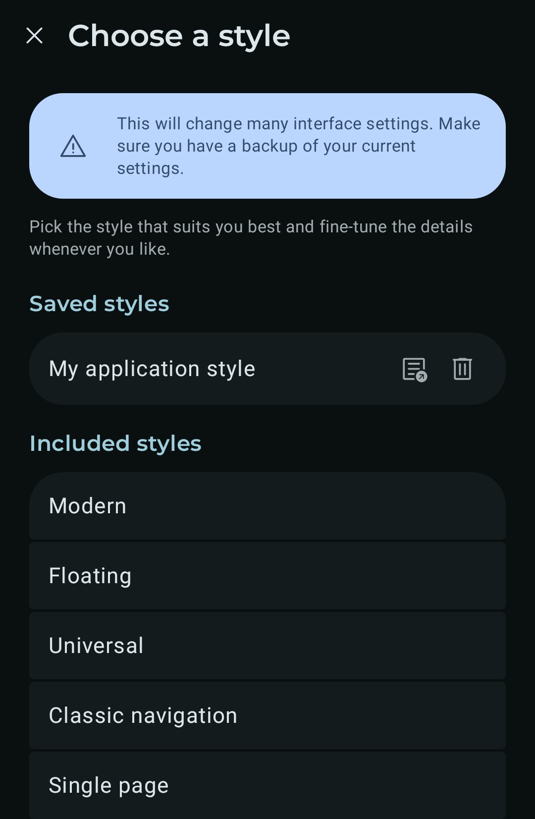 Choose a style screen with the export button on a saved style